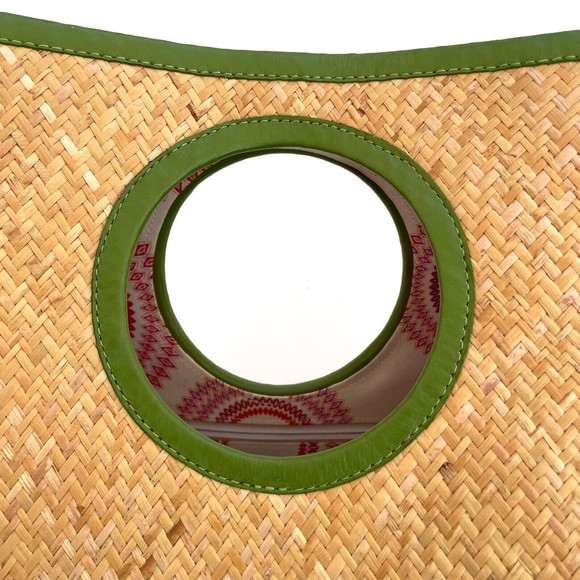 PUTU by J MacLear Natural Straw Bag Beach Tote Round Handle Green Trim Lined - Picture 6 of 11